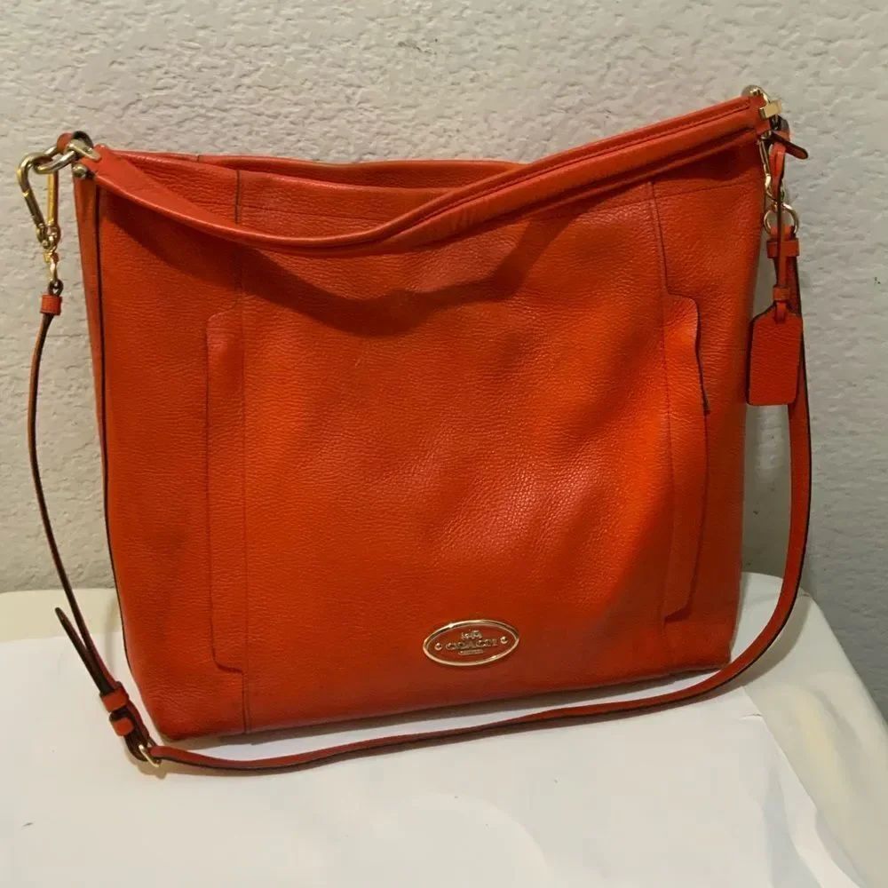 COACH Light Coral Leather Hobo Bag Adjustable Strap Crossbody Front Zip Pockets